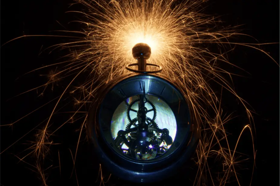 A pocket watch with glowing sparks